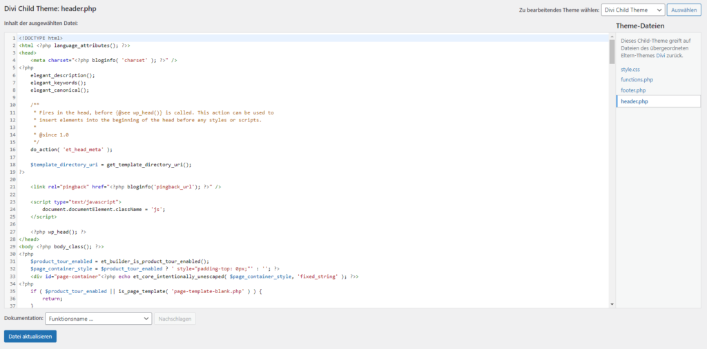 Screenshot: Divi Child Theme: header.php