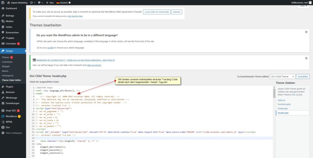 Screenshot: Divi Child Theme: Integration des etracker Tracking Codes in der header.php