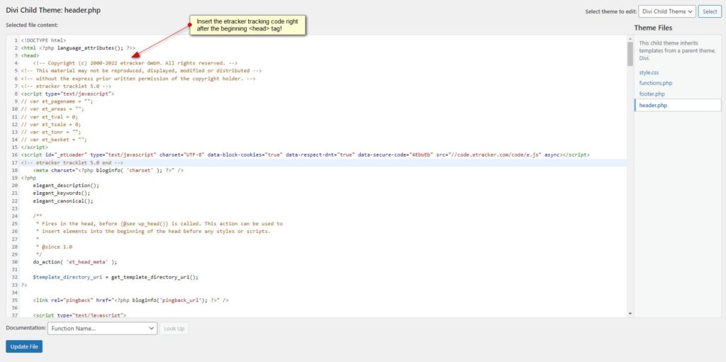 Screenshot: DIVI Child Theme: header.php - etracker Tracking Code Integration