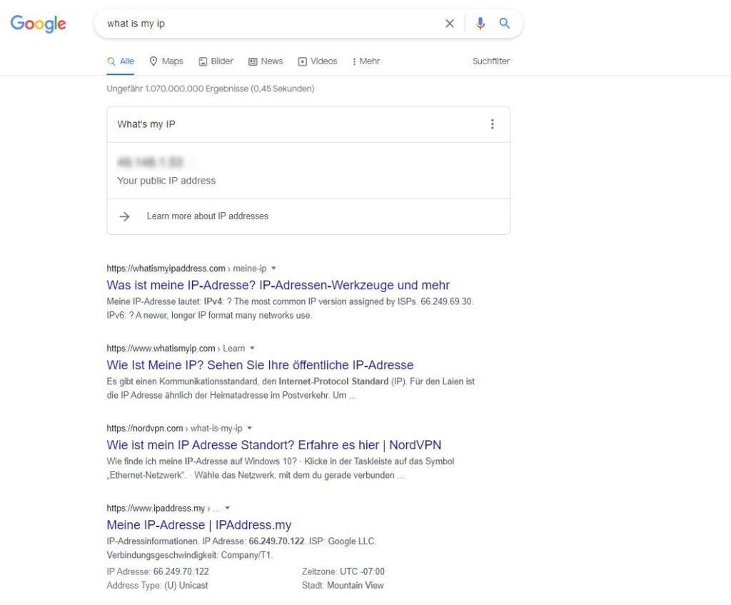 Screenshot: Eigene IP-Adresse ermitteln: Google Suche - what is my IP
