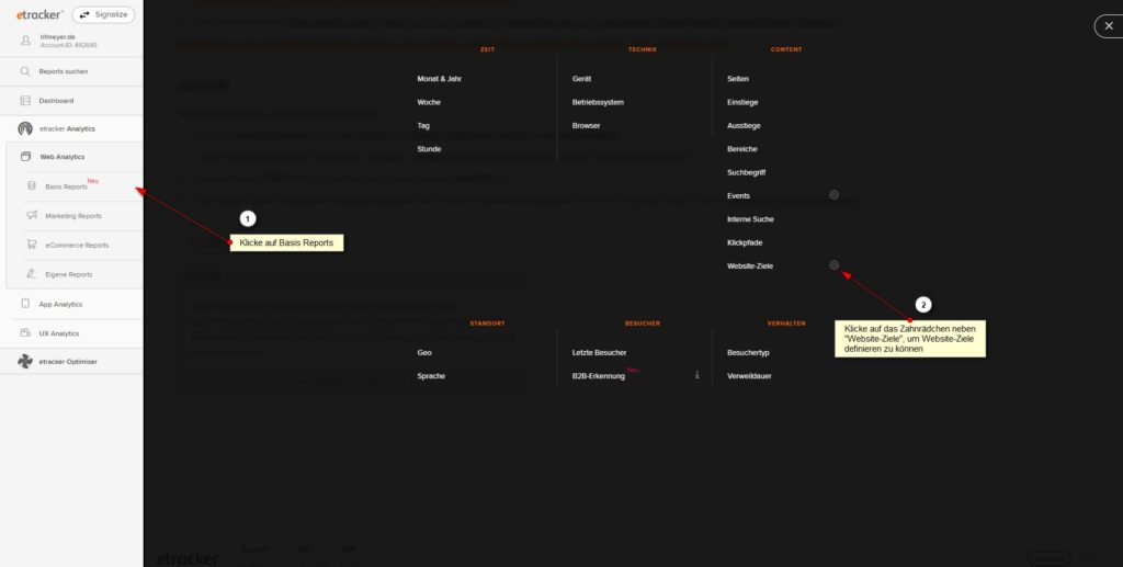 Screenshot: etracker Analytic: Basis-Reports - Website-Ziele