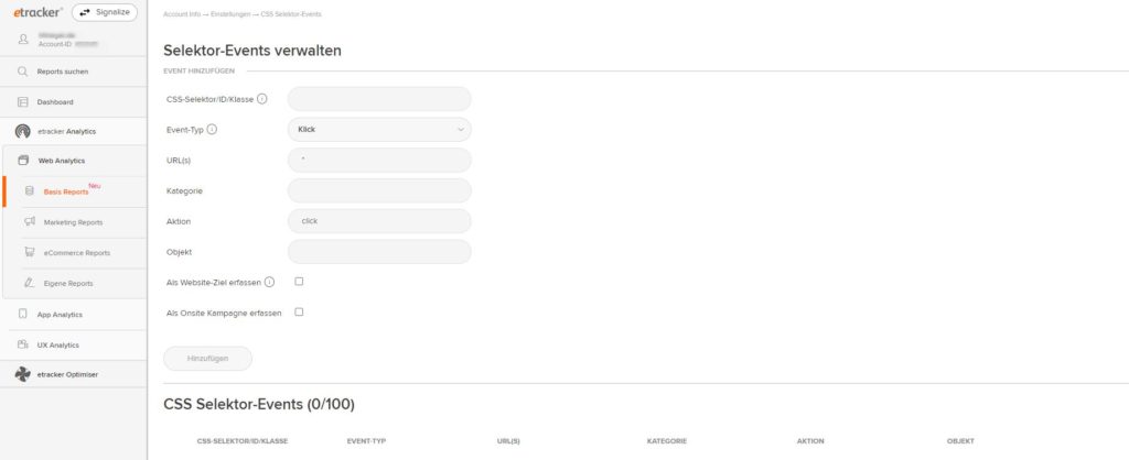 Screenshot: etracker Analytic: CSS-Selektor-Events