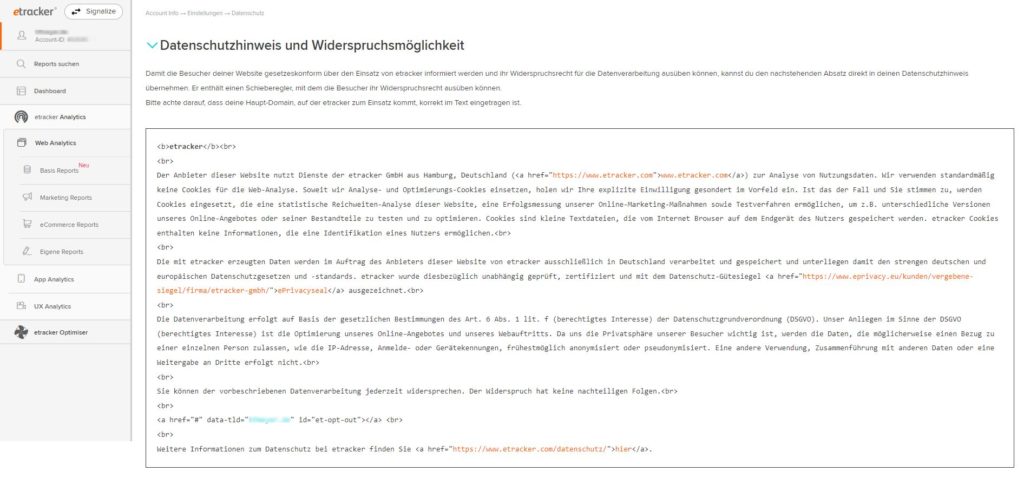 Screenshot: etracker Analytics: Datenschutzhinweis und Widerspruchsmöglichkeit