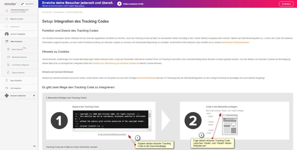 Screenshot: etracker Analytics: Einstellungen - Setup / Tracking Code - Tracking Code - Standard-Integration