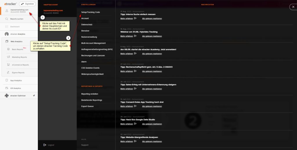 Screenshot: etracker Analytics: Einstellungen - Setup / Tracking Code