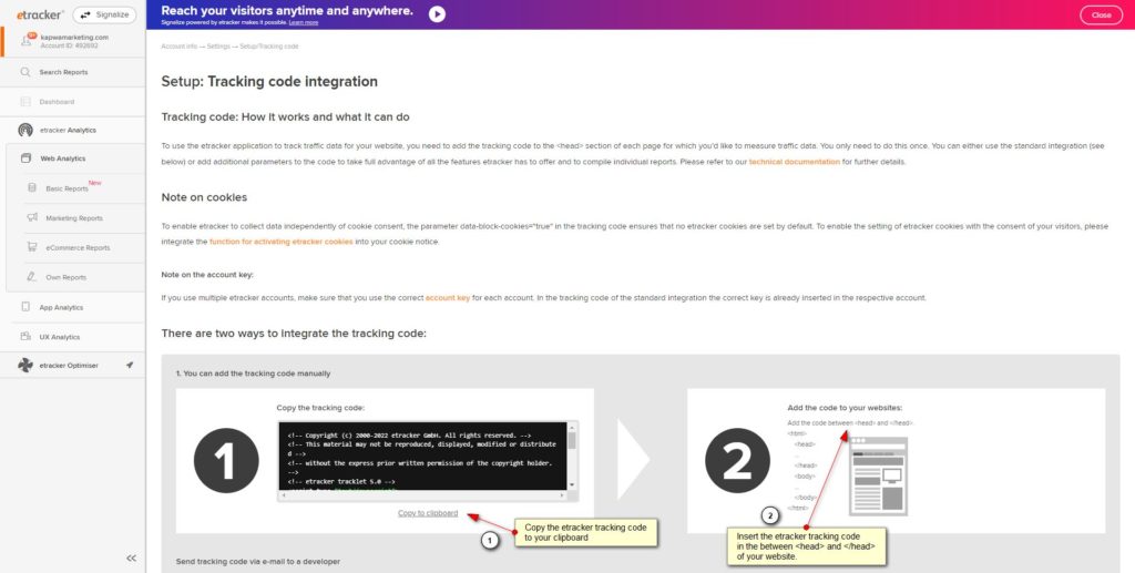 Screenshot: etracker Analytics: Settings - Setup / Tracking Code - Basic Tracking Code Integration