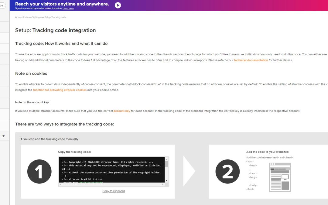 Screenshot: etracker Analytics: settings - setup - basic tracking code integration