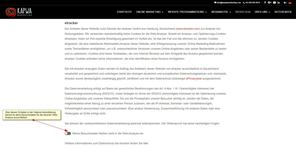 Screenshot: etracker Datenschutzhinweis: mit Schieberegler Besuchsdaten für Web-Analyse ausschließen