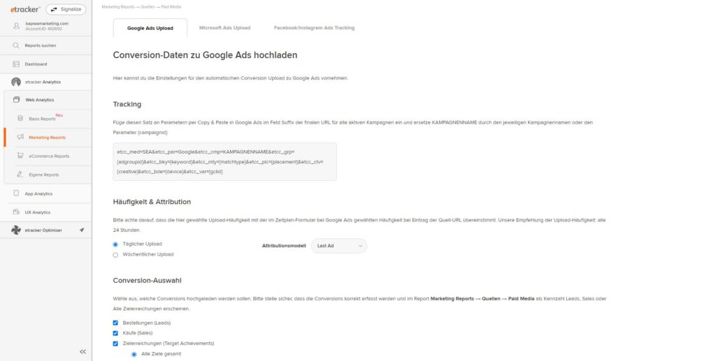 Screenshot: etracker Google Ads Upload: Conversion-Daten zu Google Ads hochladen
