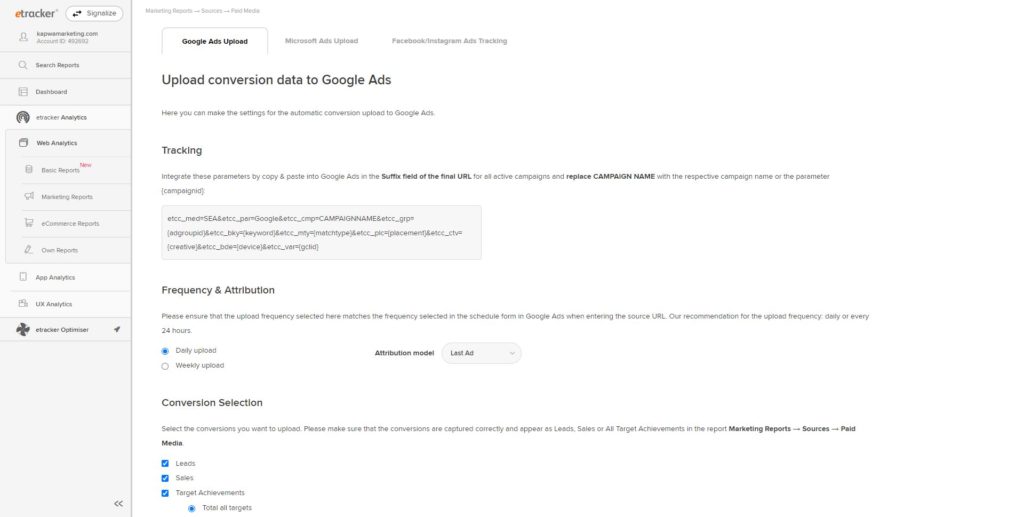 Screenshot: etracker & Google Ads conversion upload: upload conversion data to Google Ads