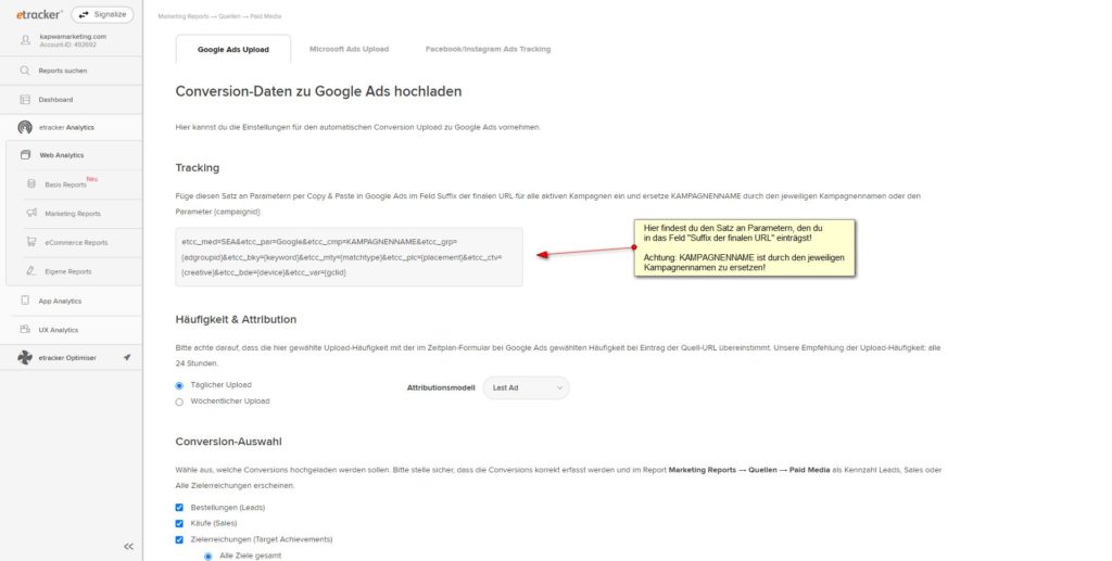 Screenshot: etracker Analytics: Marketing Reports - Quellen - Paid Media - Google Ads Upload - Satz an Parametern - Suffix der finalen URL