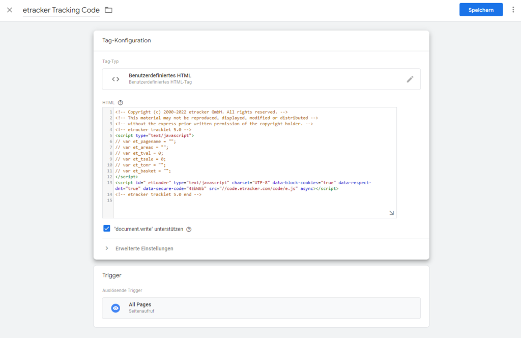 Screenshot: etracker Tracking Code: Integration via Google Tag Manager