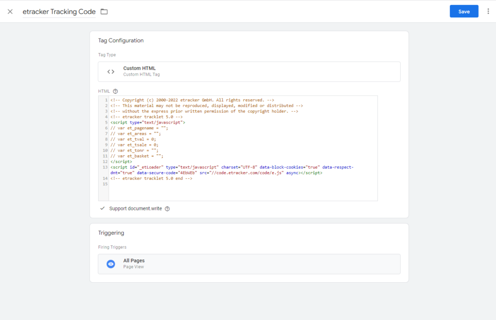 Screenshot: etracker Tracking Code: Integration via Google Tag Manager