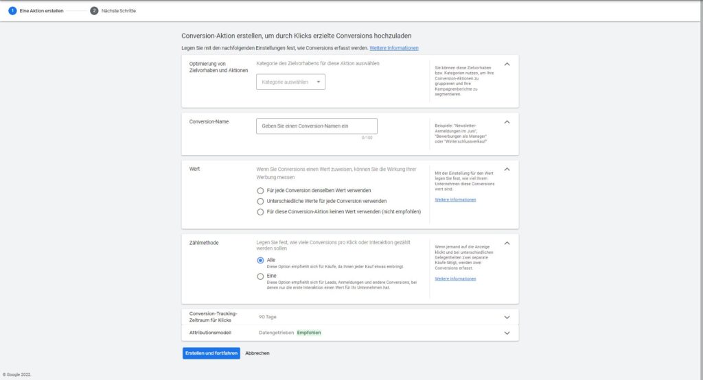 Screenshot: Google Ads: Conversion-Aktion erstellen, um durch Klicks erzielte Conversions hochzuladen