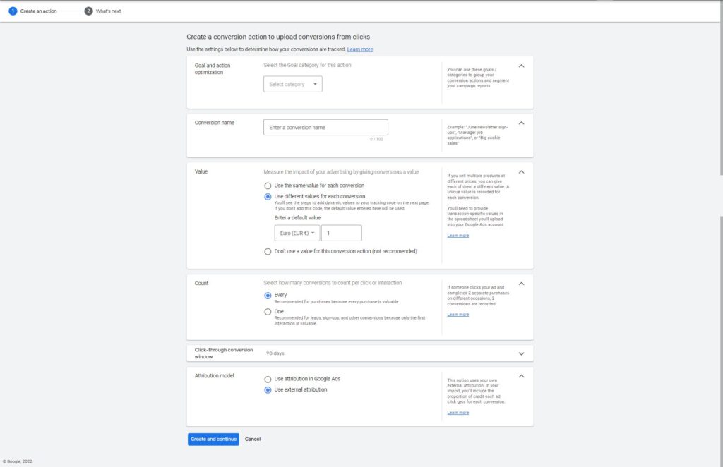Screenshot: Google Ads: Create a conversion action to upload conversions from clicks