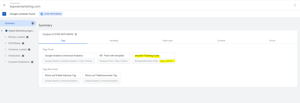 Screenshot: Google Tag Manager Vorschaumodus: Test - etracker Tracking Code gefeuert