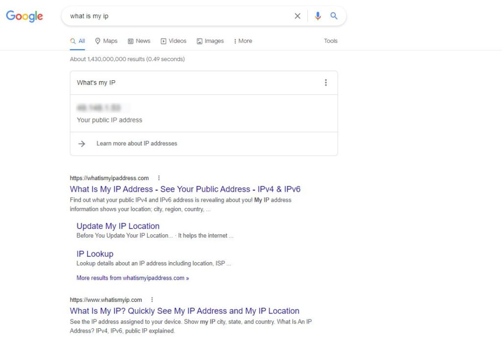 Screenshot: IP address: Google Search - What is my IP