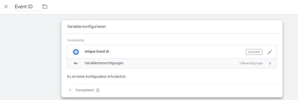 Screenshot Benutzerdefinierte Variable "Event ID" im Web Google Tag Manager Container für die Event-Deduplizierung (für beispielsweise Meta oder Pinterest)