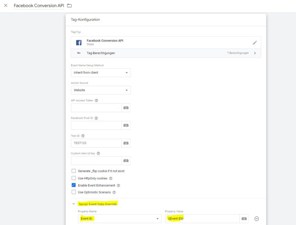 Screenshot: Facebook Conversion API mit Event ID im Server Google Tag Manager für Event-Deduplizierung bei Meta
