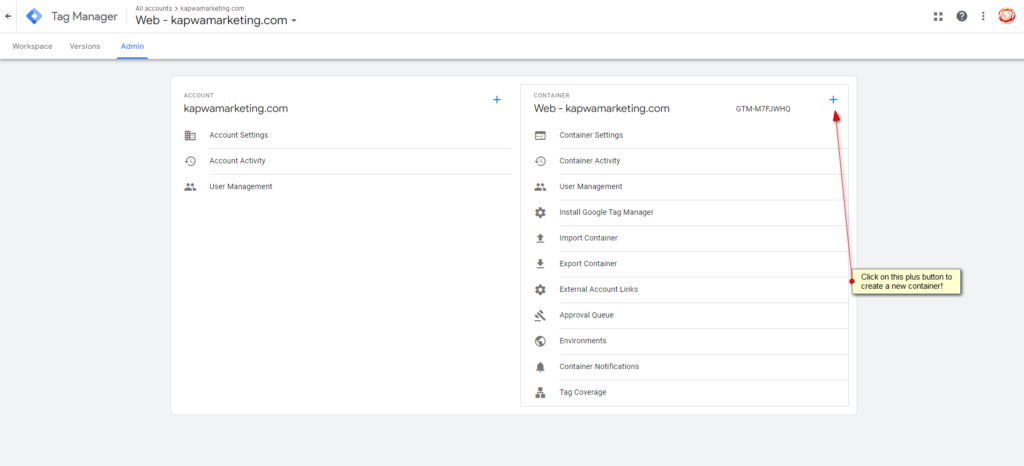 Screenshot: Create new Container at admin level of Google Tag Manager container