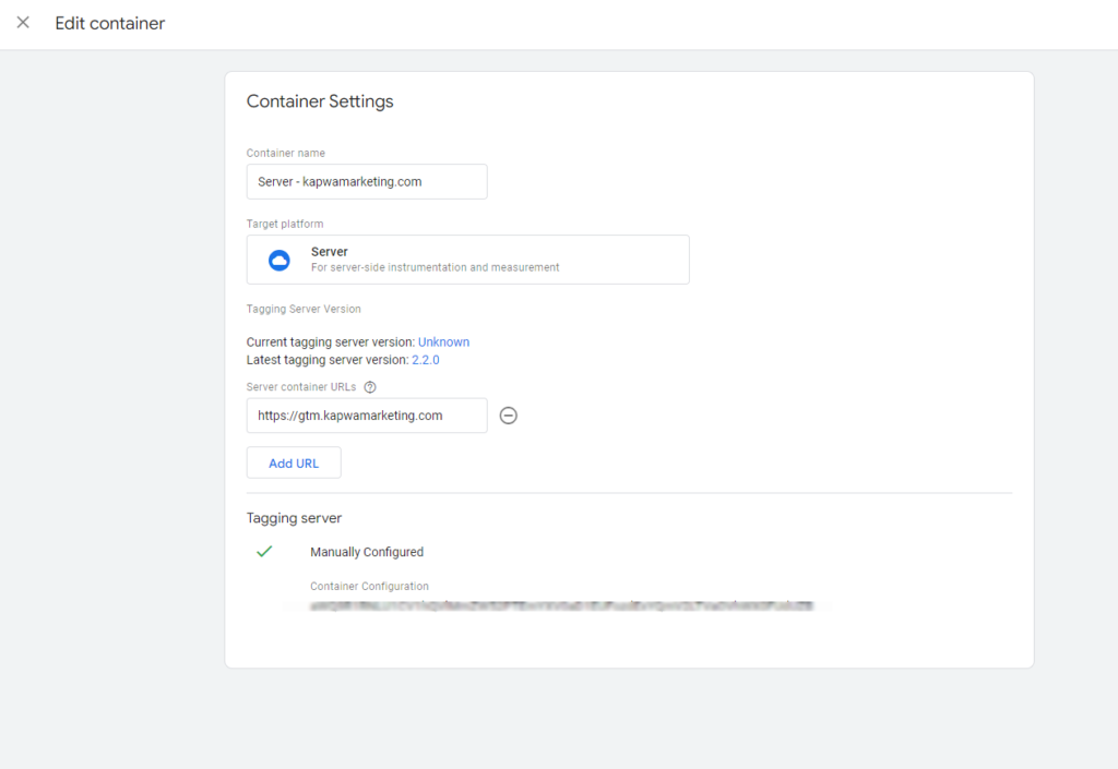 Screenshot: Google Tag Manager Container Settings: Enter Server Container URL