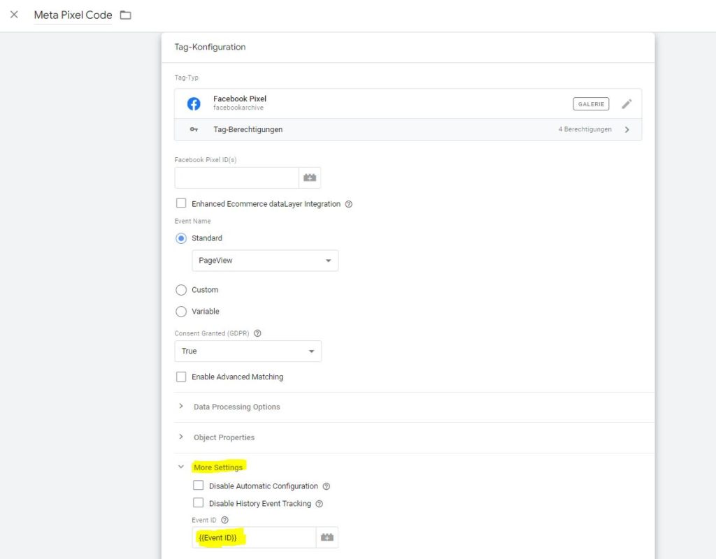 Screenshot: Meta Pixel / Facebook Pixel mit Event ID im Web Google Tag Manager Container für Event-Deduplizierung