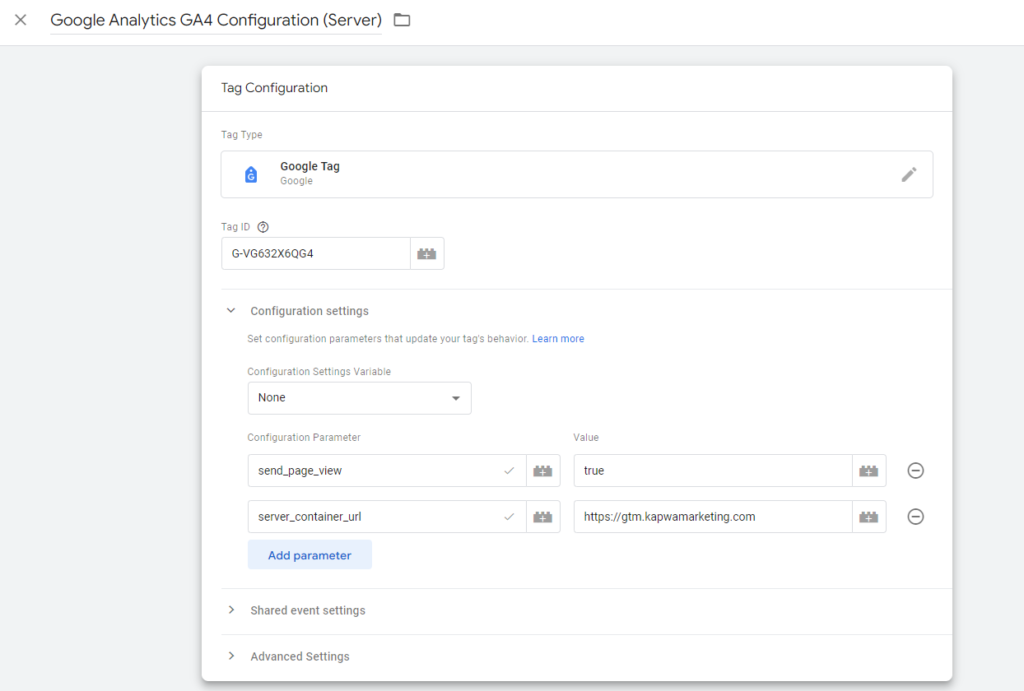 Screenshot: Modified Google Tag in Web Google Tag Manager Container with new Configuration Parameter server_container_url