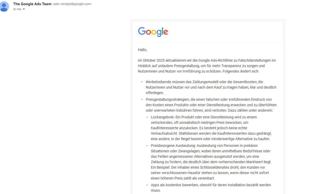 Offizielle E-Mail von Google zur Aktualisierung der Google Ads-Richtlinie zu Falschdarstellungen im Hinblick auf unlautere Preisgestaltung – Was ist zu tun?