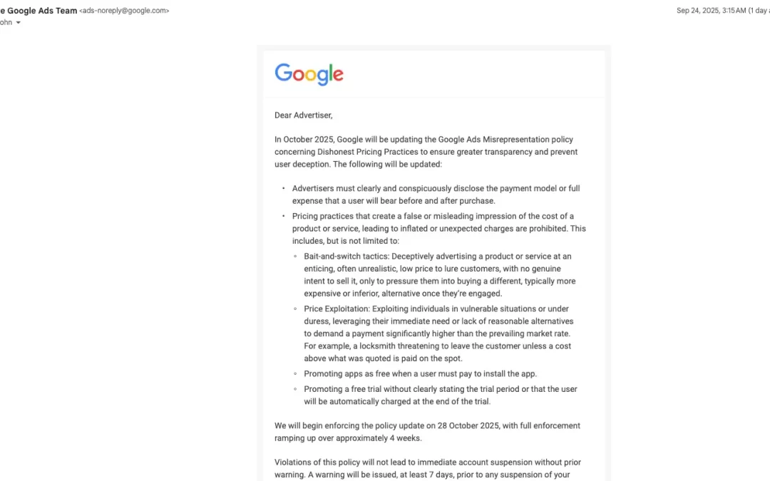Official email from Google updating the Google Ads policy on unfair pricing misrepresentations – What to do?